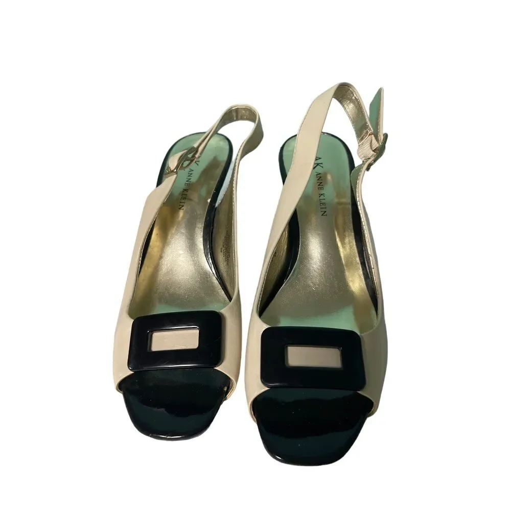 Anne Klein Elegant Slingback Heels Cream Black Buckle Peep Toe Dress S-187